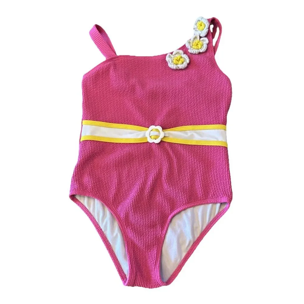 Betsey Johnson Pink Swimsuit Girls Size 10 Textured Crocheted Flowers UPF +50